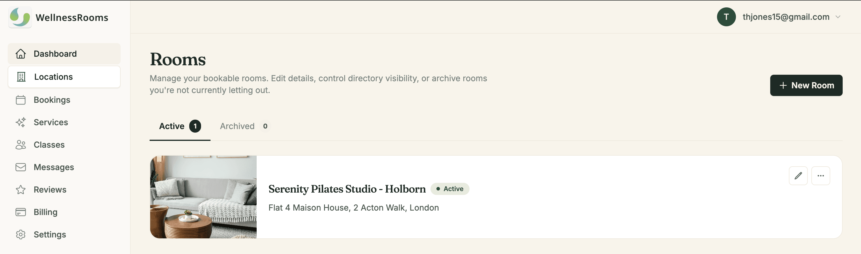 The New Room form in the WellnessRooms admin panel